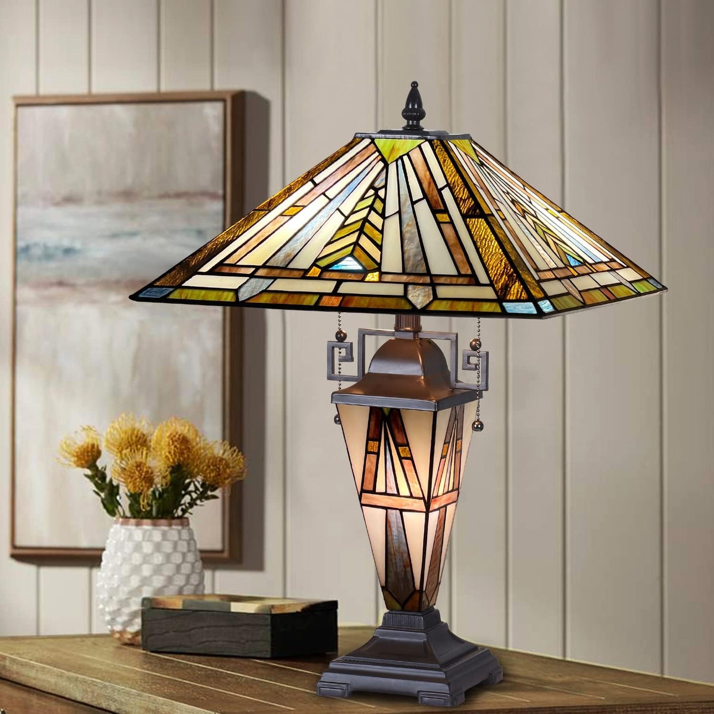 Tiffany Table Lamp Night Light 16" Wide Handmade Stained Glass Lamp Shade 3 Light Mission Style Vintage Table Lamp for Home and Office