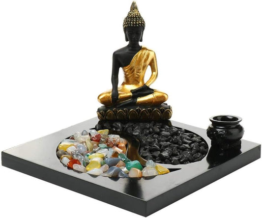 Sitting Buddha Candle Holders Zen Garden Tabletop Vintage Incense Holders White Sand and Natural Stone Rattan Incense Gift Set (Without Hourglass)