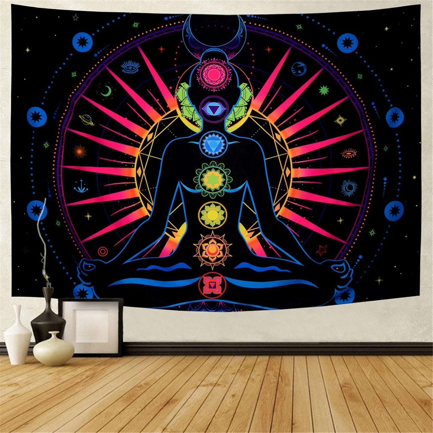 Seven Chakra Tapestry Trippy Sun Tapestry Galaxy Starry Stars Tapestry Psychedelic Celestial Moon Tapestry Colorful Yoga Meditation Tapestry Hippie Tapestry for Home