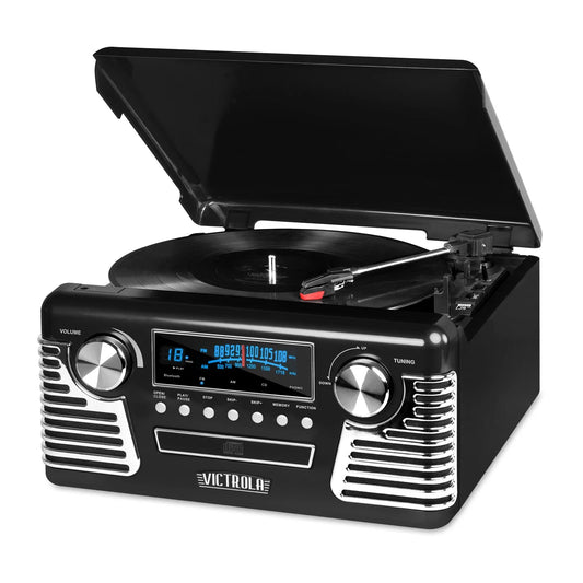 Retro Record Player with Bluetooth and 3-Speed Turntable, Black