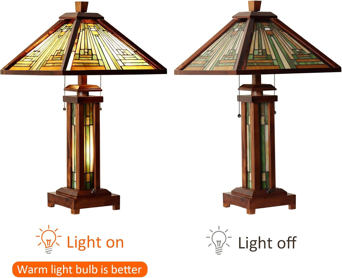 Tiffany Table Lamp 15" Wide 26" Tall Mission Style Stained Glass Lamp Wood Base 2-Light with Night Light for Living Room Bedroom