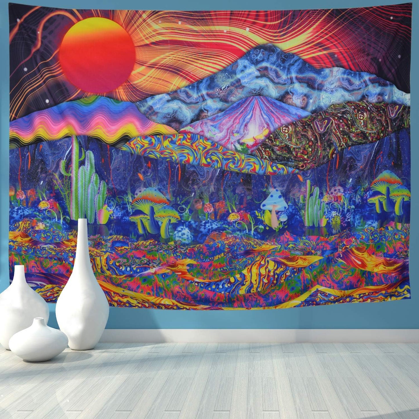 Mountain Tapestry Sun Tapestry Colorful Plants Tapestry Hippie Waves Abstract Wall Tapestry for Bedroom Living Room