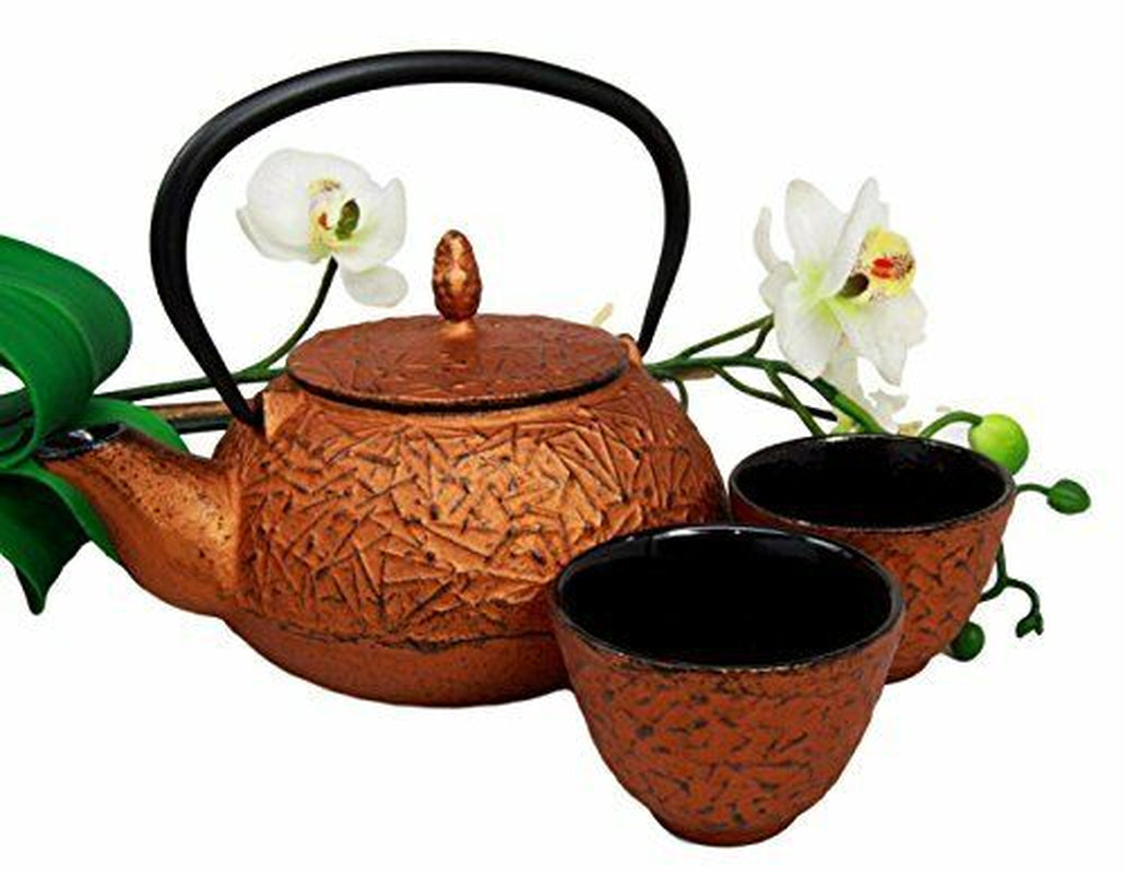 Japanese Pine Copper Matchstick Pattern Heavy Cast Iron Tea Pot with 2 Cups Set