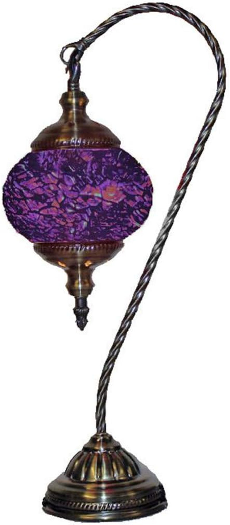 Mosaic Turkish Lamp Moroccan Glass Swan Neck Lantern for Table Desk Bedside Bronze Base Bundle with E12 Light Bulb (Deep Purple Shades)