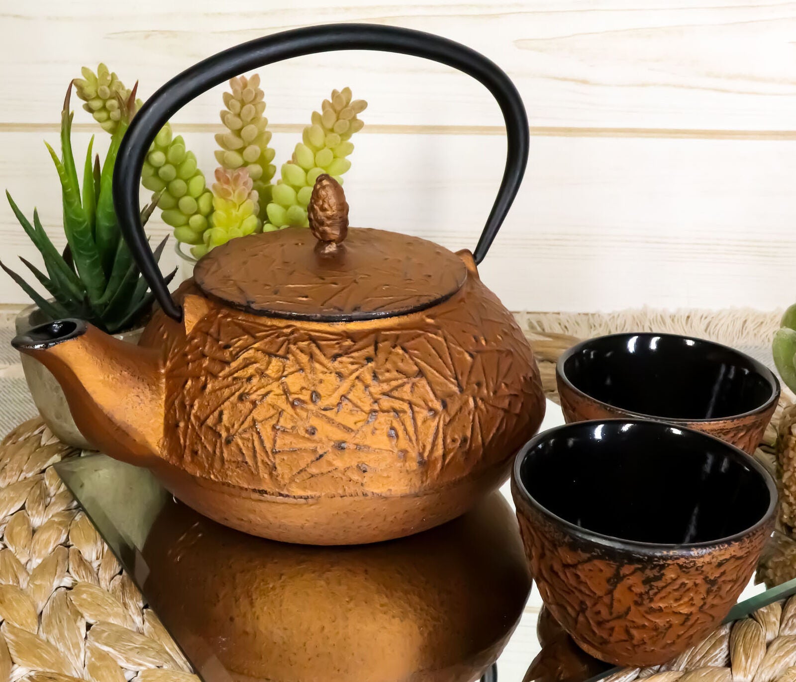 Japanese Pine Copper Matchstick Pattern Heavy Cast Iron Tea Pot with 2 Cups Set