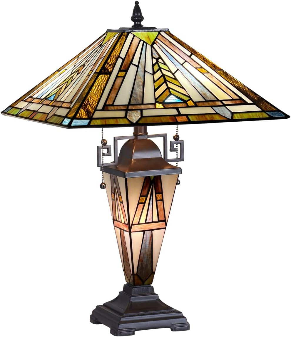 Tiffany Table Lamp Night Light 16" Wide Handmade Stained Glass Lamp Shade 3 Light Mission Style Vintage Table Lamp for Home and Office