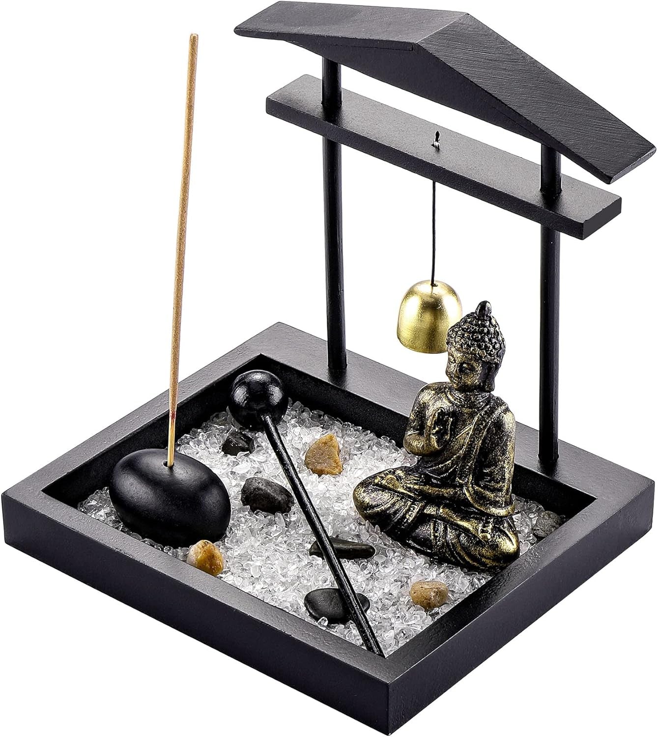 Zen Garden Set Buddha Statue, Mallet & Rocks and Crystals & Incense Stick Holder Bowl & Wooden Display Tray for Yoga Meditaion Home Table Decor Gift