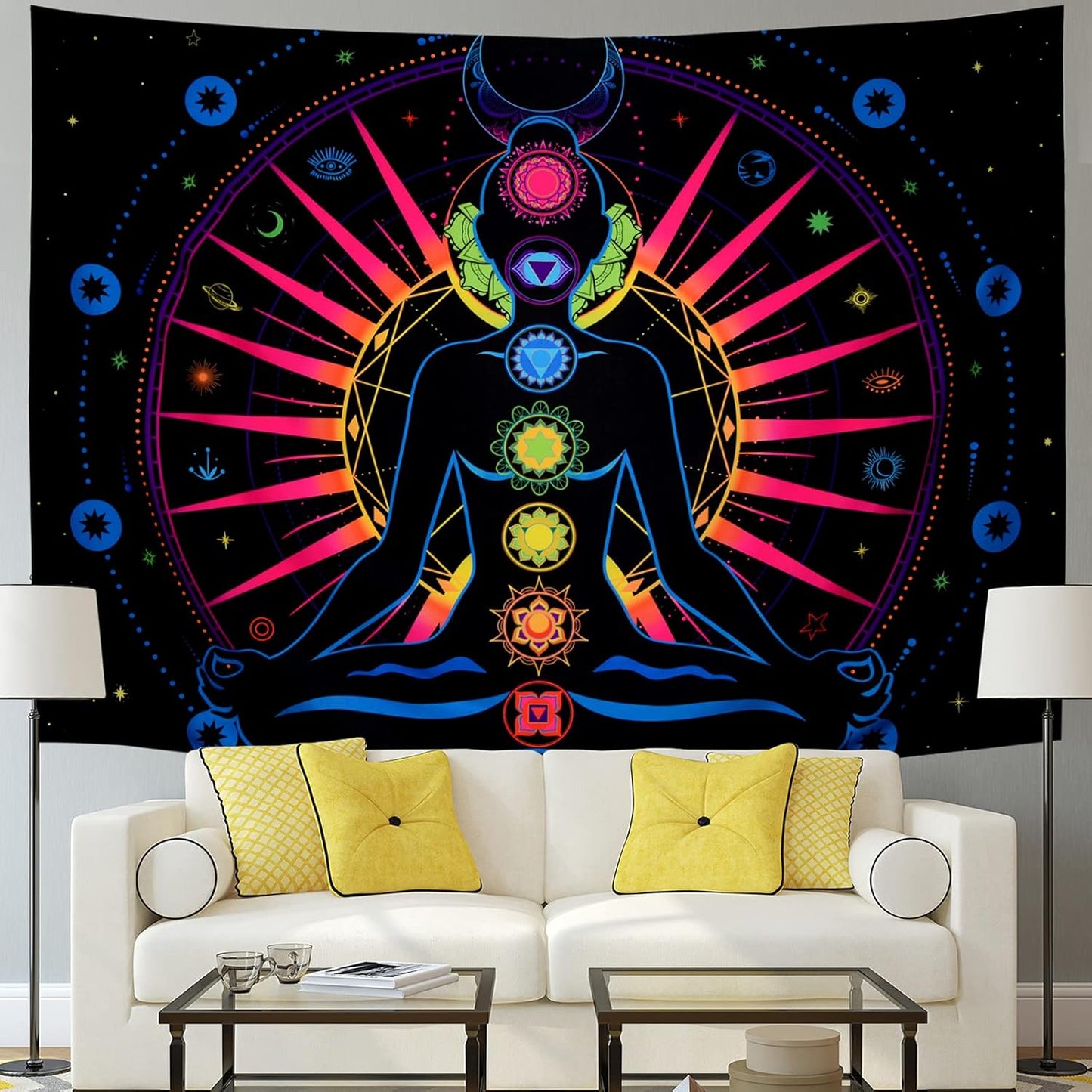 Seven Chakra Tapestry Trippy Sun Tapestry Galaxy Starry Stars Tapestry Psychedelic Celestial Moon Tapestry Colorful Yoga Meditation Tapestry Hippie Tapestry for Home