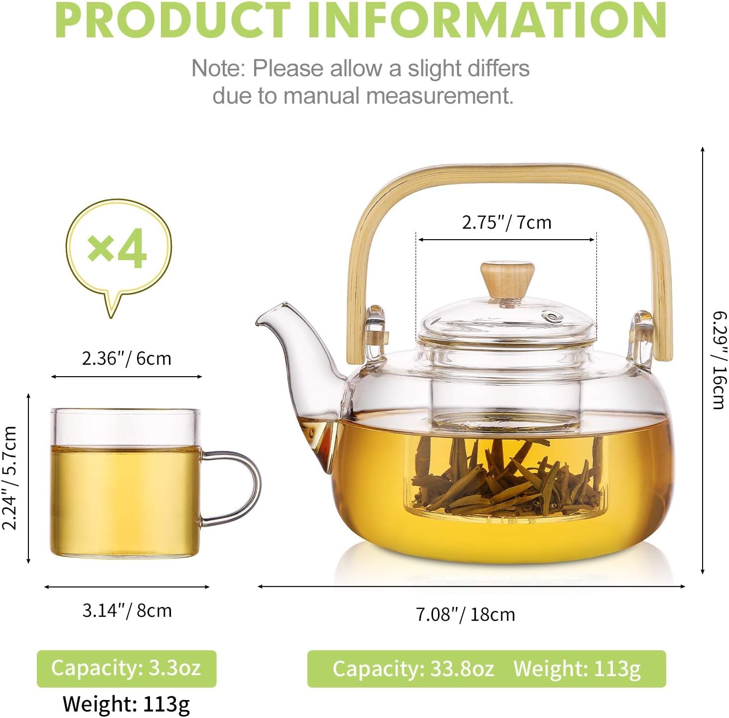 Glass Teapot Set with 4 Tea Cups, 34Oz/1000Ml Tea Kettle with Removable Infuser for Loose Tea, Tea Maker for Home Office