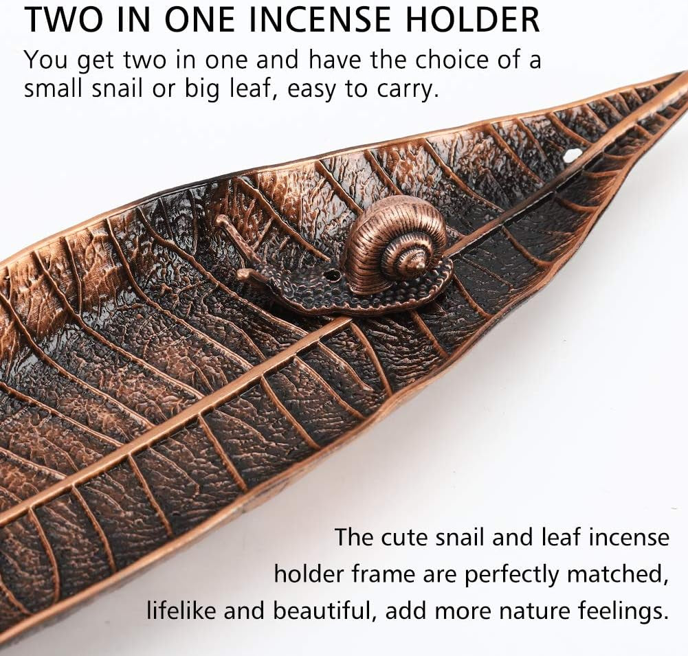 Incense Holder Set, Leaf and Snail Incense Burner, Incense Ash Catcher, Incense Sticks Holder for Counters, Meditation Room, Yoga, Home, Office, Red Copper