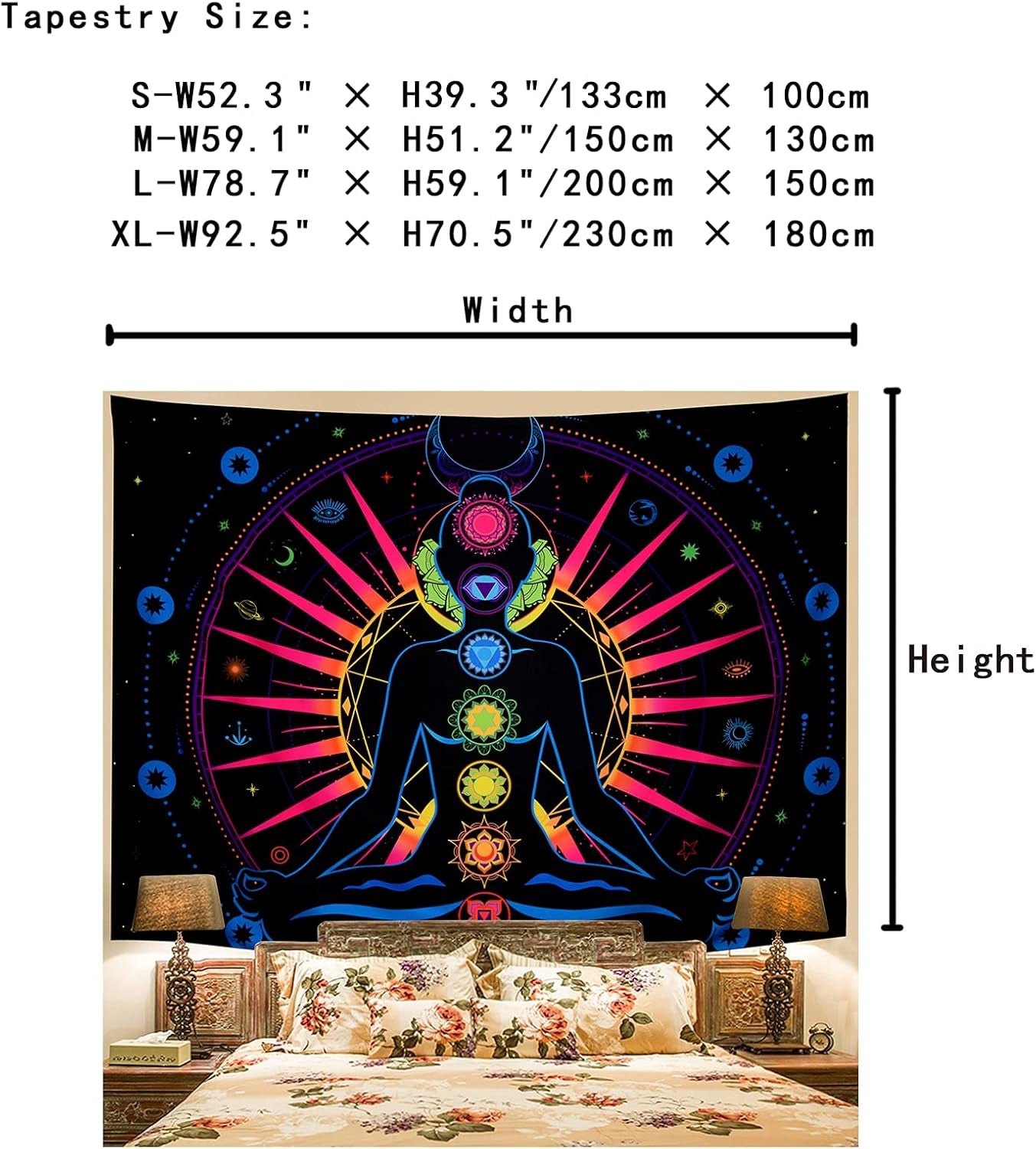 Seven Chakra Tapestry Trippy Sun Tapestry Galaxy Starry Stars Tapestry Psychedelic Celestial Moon Tapestry Colorful Yoga Meditation Tapestry Hippie Tapestry for Home