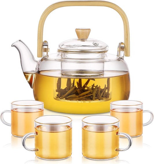 Glass Teapot Set with 4 Tea Cups, 34Oz/1000Ml Tea Kettle with Removable Infuser for Loose Tea, Tea Maker for Home Office