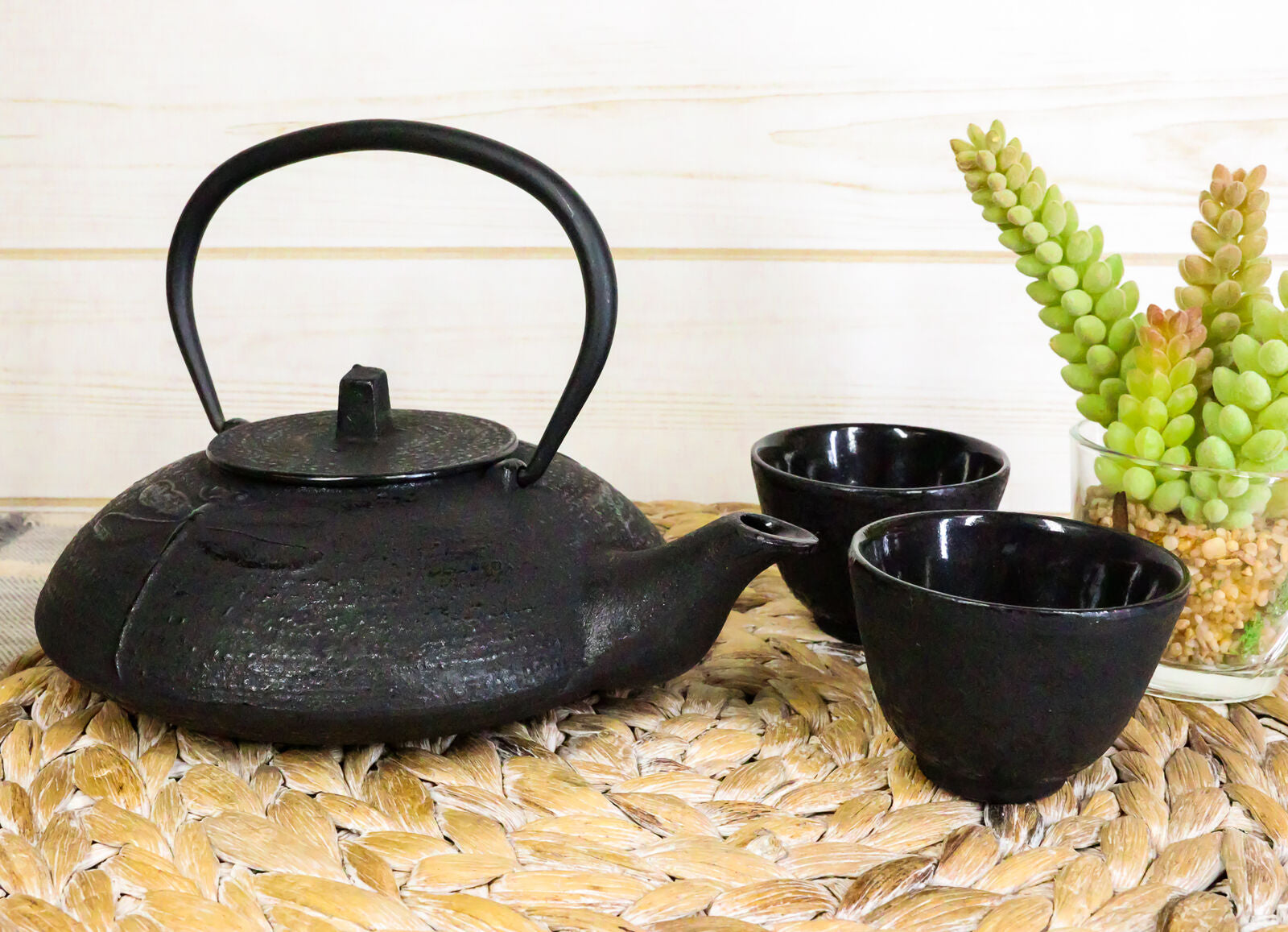 Japanese Tombo Dragonfly Black Heavy Cast Iron Tea Pot and Two Cups Set Asian