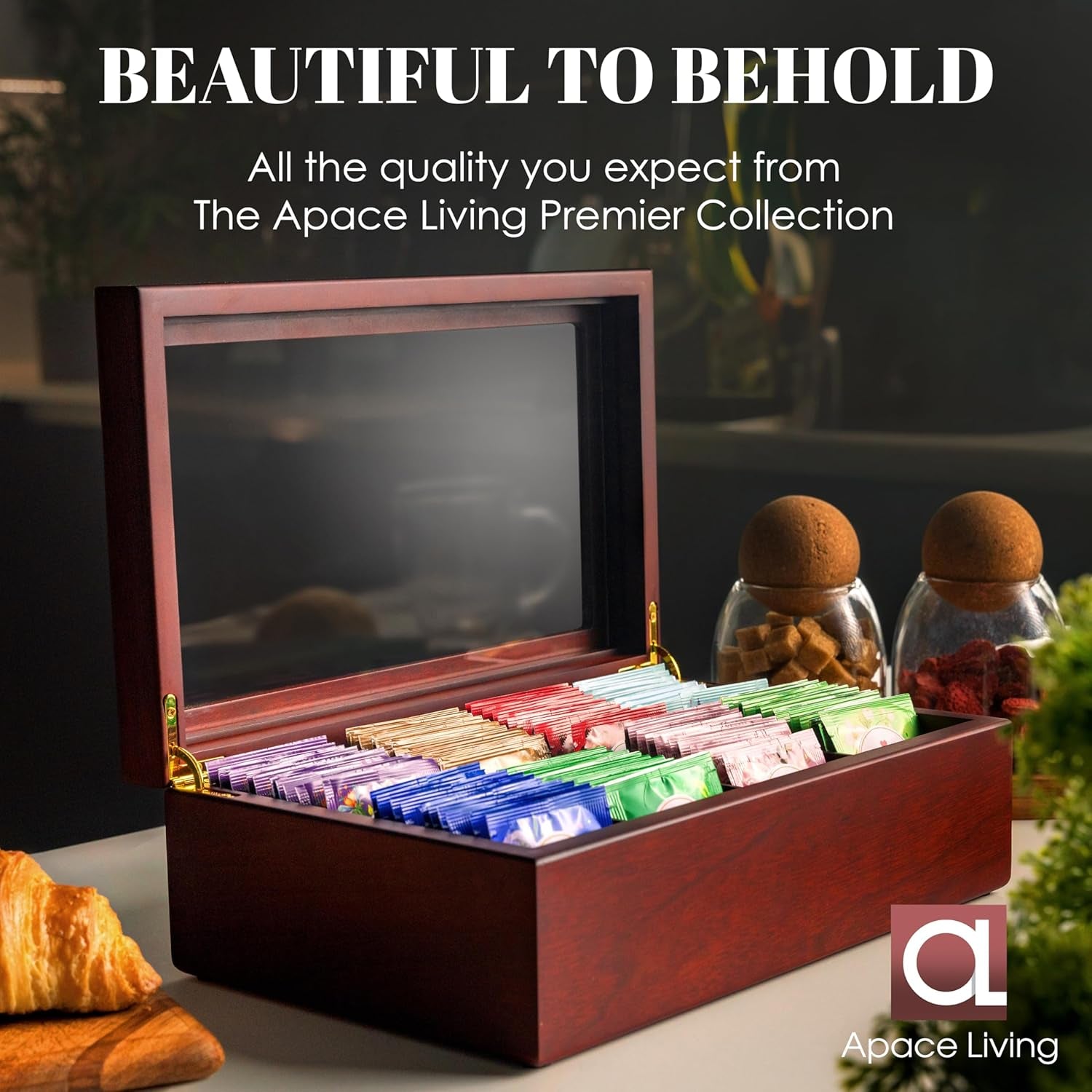 Tea Box - Luxury Wooden Tea Bag Organizer from the Apace Premier Collection - 8 Compartment Tea Storage Chest Container - Elegantly Handmade W/Scratch Resistant Window