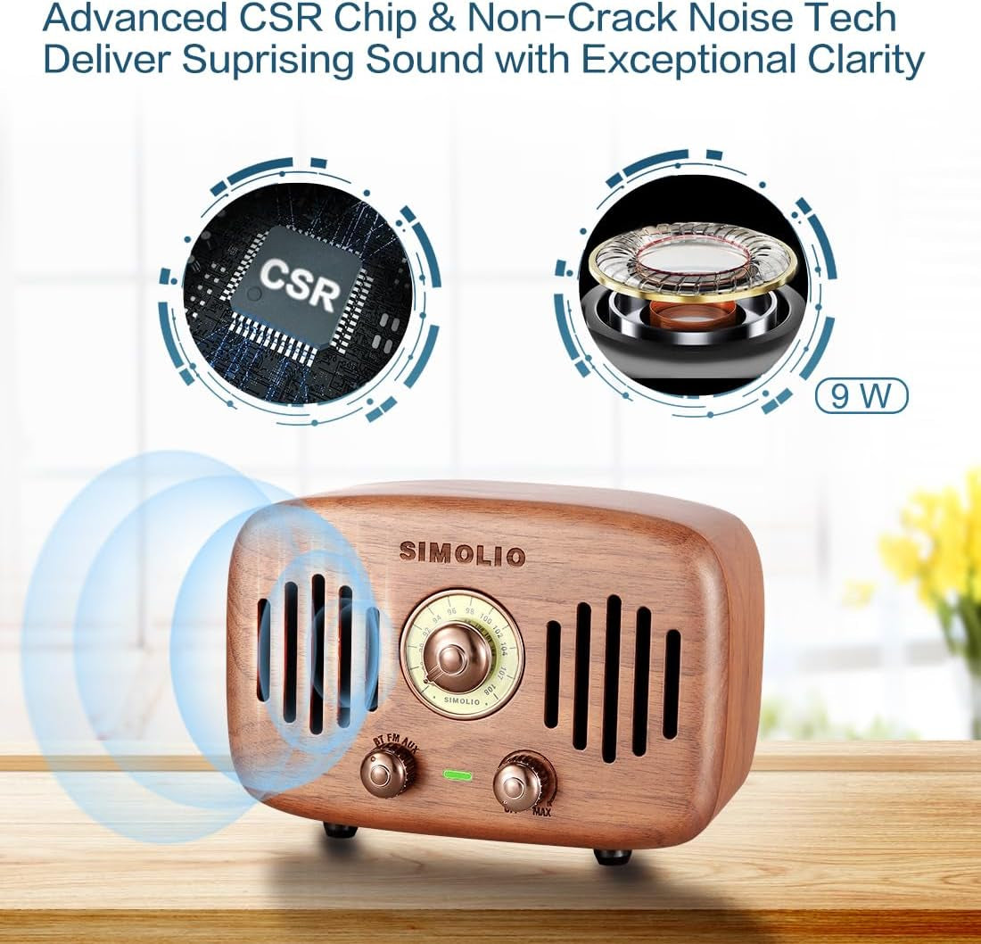 Vintage Radio Retro Bluetooth Speakers, Loud and Powerful 2X8W Ultimate Stereo Sound, Nature Black Walnut Wooden Speaker with FM Radio & AUX, Bluetooth CSR Chip, HD Sound and Bass, Gift Ideas