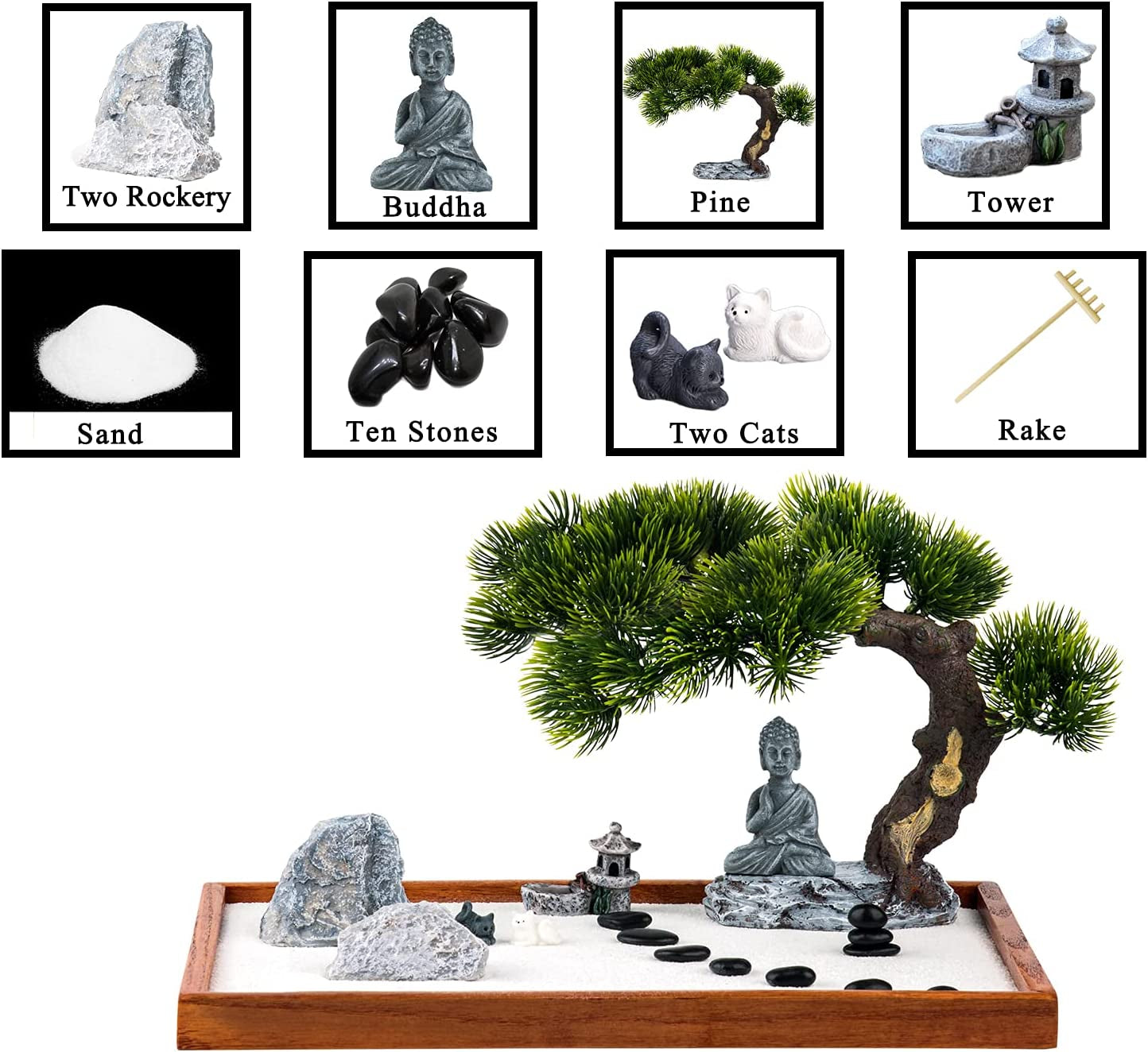 Zen Garden Kit - Mini Jardin Zen Garden for Desk with Buddha Shape Accessories, 14 X 10 Inch