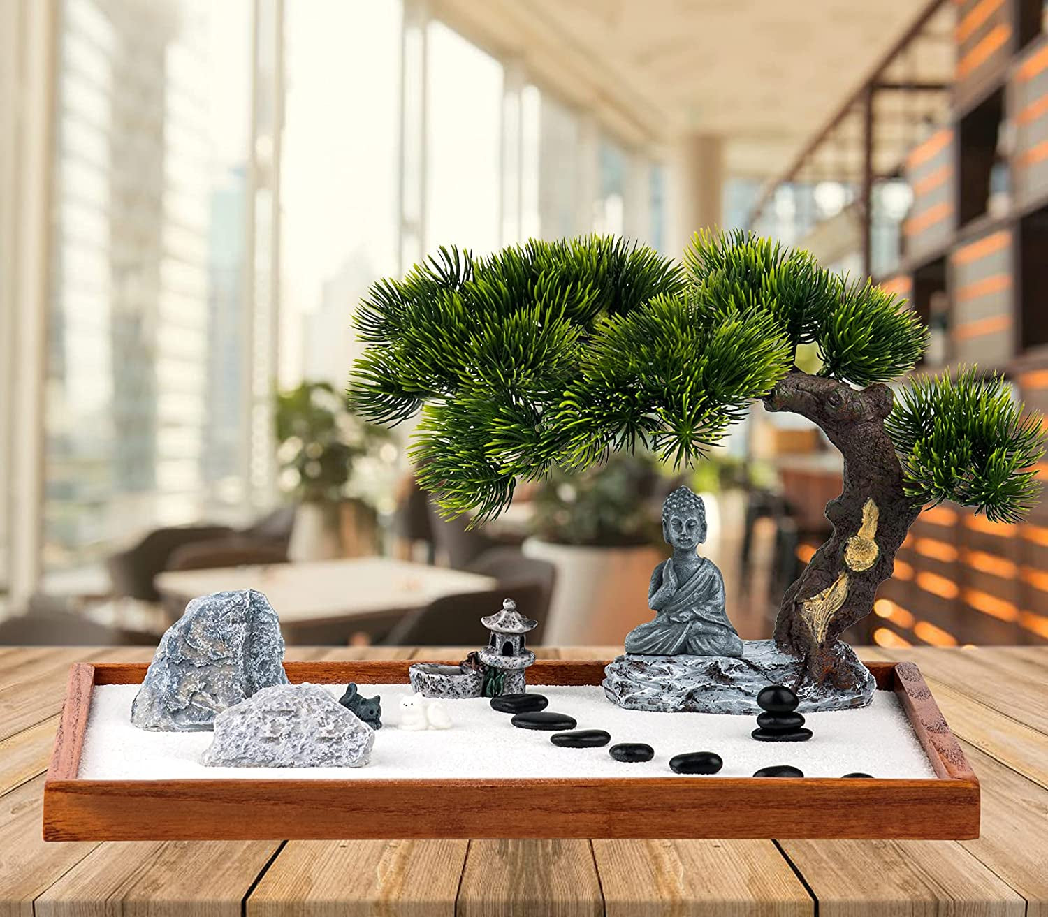 Zen Garden Kit - Mini Jardin Zen Garden for Desk with Buddha Shape Accessories, 14 X 10 Inch