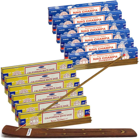 Nag Champa Incense Sticks and Californian White Sage Incense Sticks with Incense Holder Bundle for Home Fragrance and Spiritual Décor