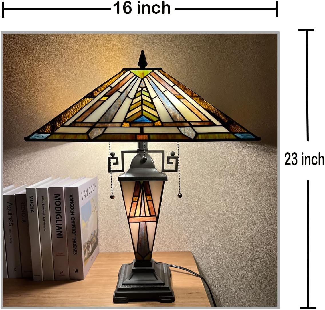 Tiffany Table Lamp Night Light 16" Wide Handmade Stained Glass Lamp Shade 3 Light Mission Style Vintage Table Lamp for Home and Office