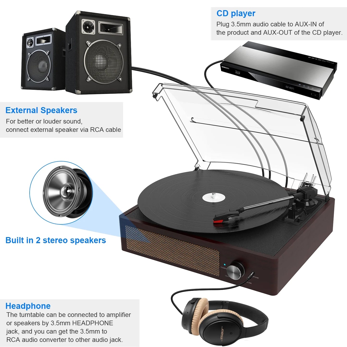 Bluetooth Record Player Belt-Driven 3-Speed Turntable Built-In Stereo Speakers-Brown